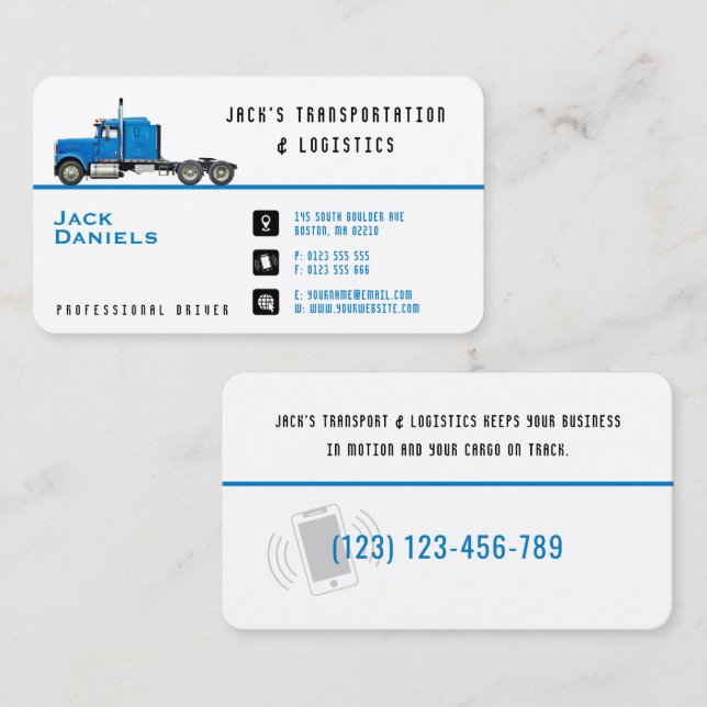 Carte De Visite Transport et logistique | Camion bleu (Devant / Derrière)