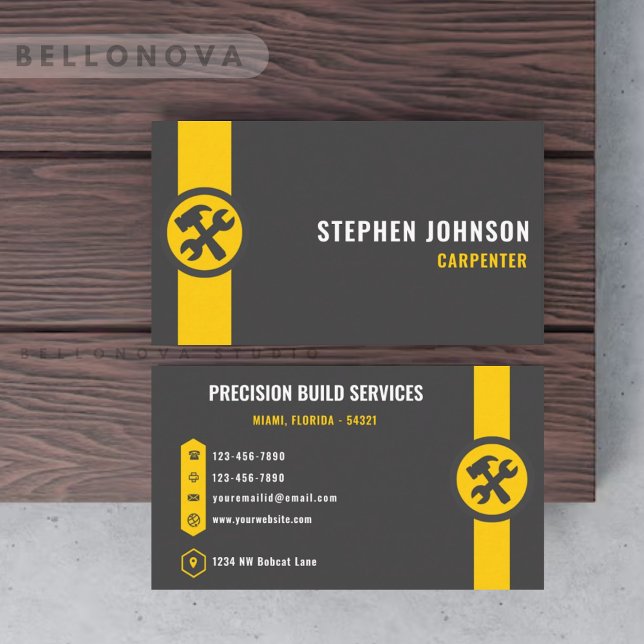 Carte De Visite Travailleur de construction gris foncé noir jaune (Custom Dark Grey Black Yellow Construction Worker Business Card)