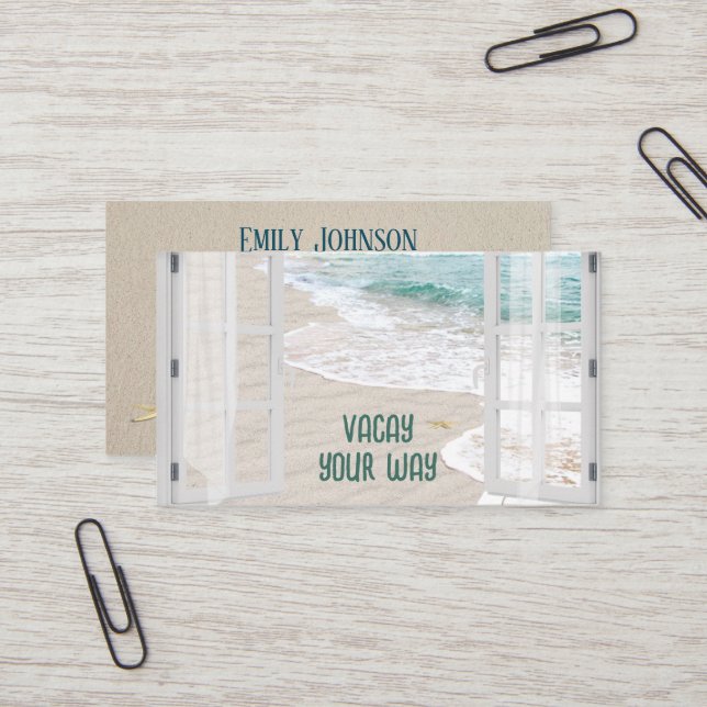 Carte De Visite Travel Agency Beach Window With Surf Scene (Devant/Arrière en situation)