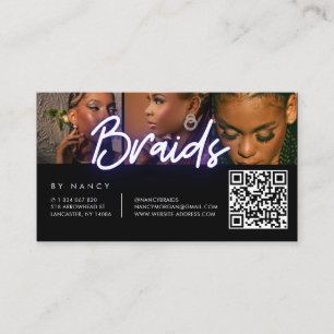 Carte De Visite Tresses Violet Néon 3 Collage de Photos QR Code