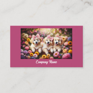 Carte De Visite Trois Marionnettes Golden Retriever avec des fleur