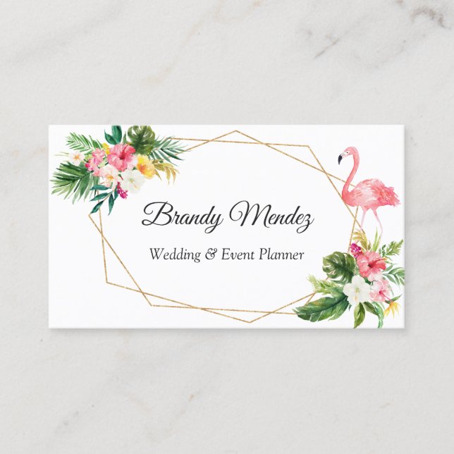 Carte De Visite Tropical Feuille Floral Flamant rose Cadre géométr (Devant)