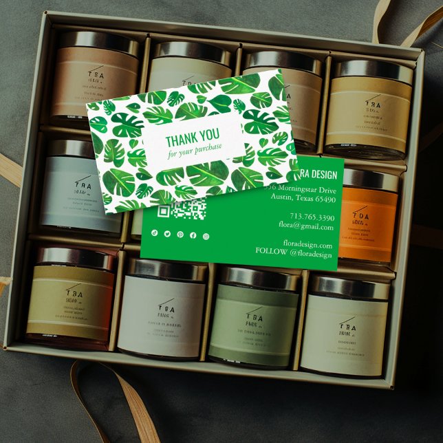 Carte De Visite Tropical Monstera Leaf QR Code Icônes sociales Mer (Watercolor monstera leaf thank you business cards with social icons and QR code)