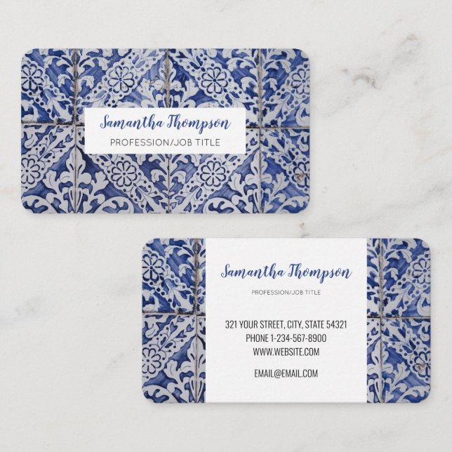 Carte De Visite Tuiles portugaises - Azulejo Floral bleu et blanc (Devant / Derrière)