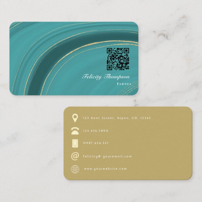 Carte De Visite Turquoise - Agate sarcelle et or Code QR (Devant / Derrière)