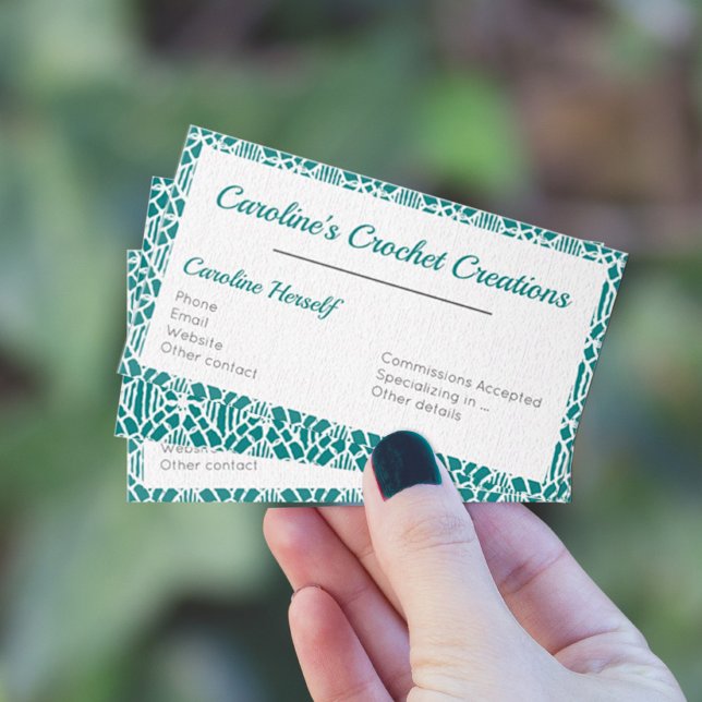 Carte De Visite Turquoise avec Motif en dentelle Crochet blanc (Créateur téléchargé)