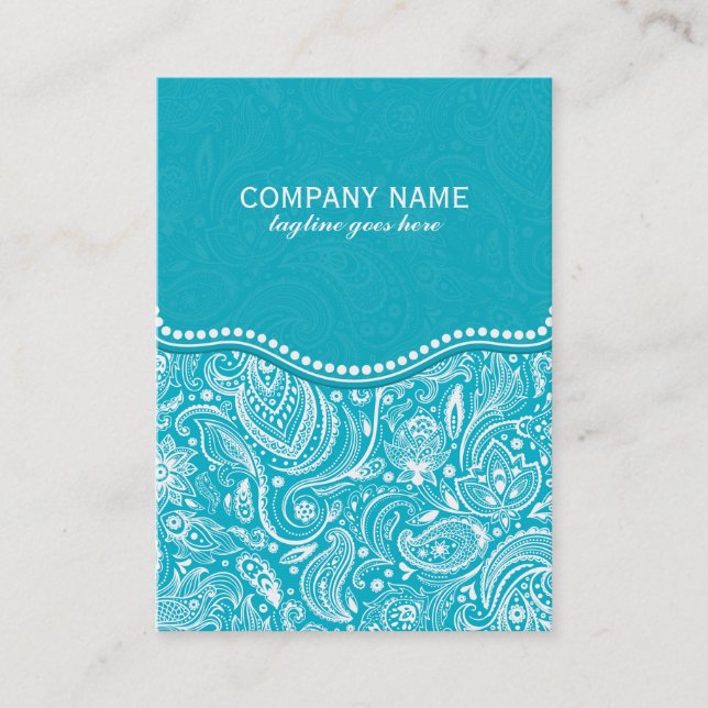 Carte De Visite Turquoise & Blanc Floral Paisley Damques Motif 2 (Devant)
