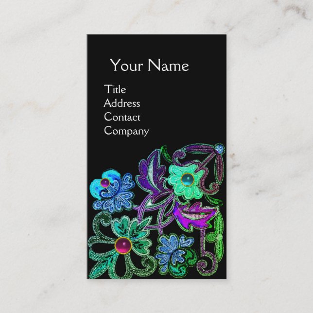 Carte De Visite TURQUOISE BLEU PURPLE LACE FLEURS GEMSTONES Noir (Devant)