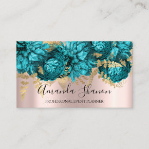 Carte De Visite Turquoise Blue Flowers Rose Gold Logo Planificateu