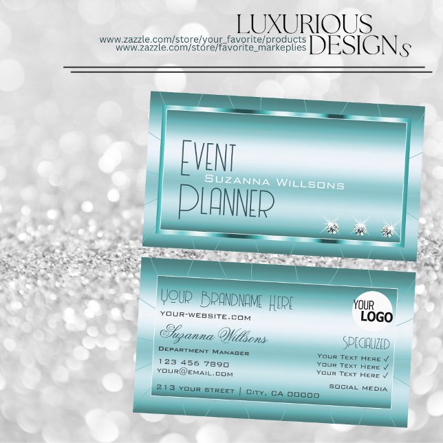 Carte De Visite Turquoise chatoyant avec diamants et logo élégant (Créateur téléchargé)
