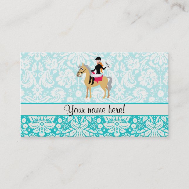 Carte De Visite Turquoise Damask Equestrian (Devant)