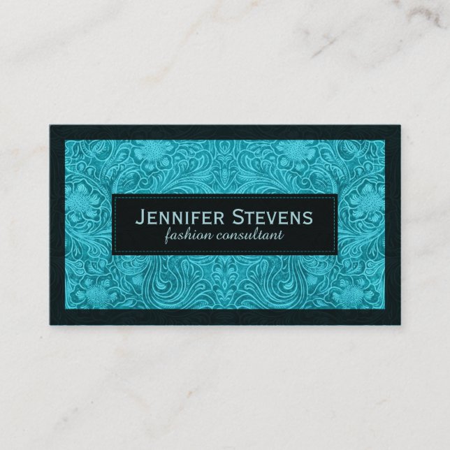 Carte De Visite Turquoise Faux Suede Cuir Design Floral (Devant)