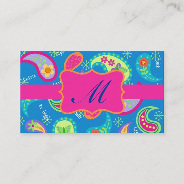 Carte De Visite Turquoise Fuchsia rose moderne Paisley Monogramme (Devant)