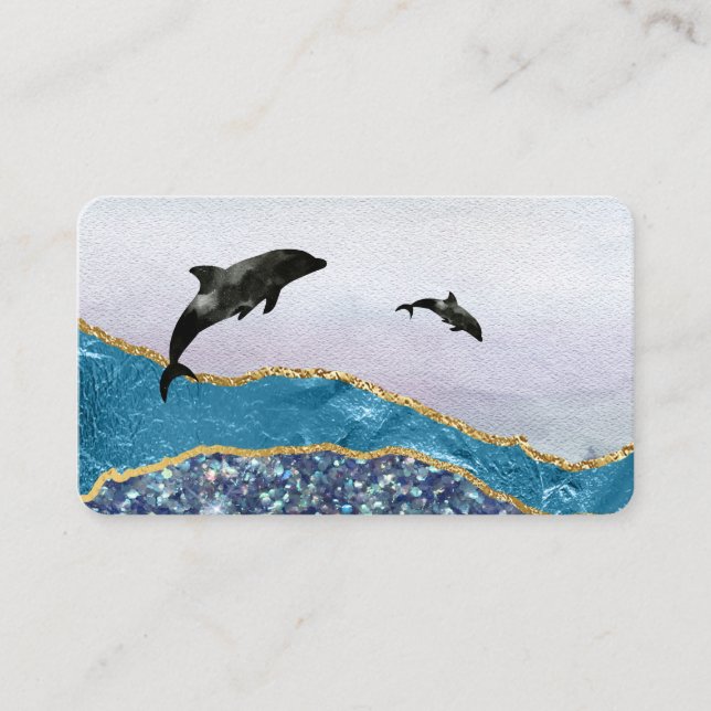 Carte De Visite *~* Turquoise Glam Beach Dolphins Gold Parties sci (Devant)