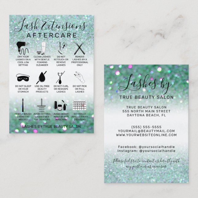 Carte De Visite Turquoise Green Parties scintillant Lash extension (Devant / Derrière)