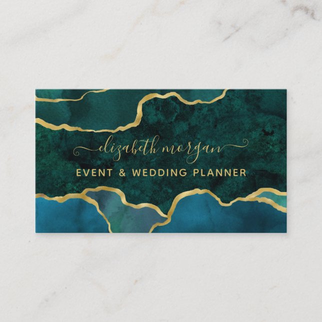 Carte De Visite Turquoise Green Script Marbre Agate Gold Foil Part (Devant)