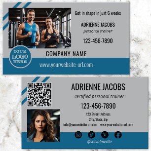 Carte De Visite Turquoise Grey Personal Fitness Trainer Photo