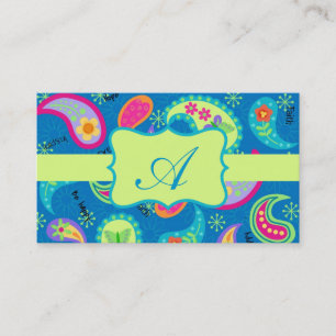 Carte De Visite Turquoise Lime Green Moderne Paisley Monogramme