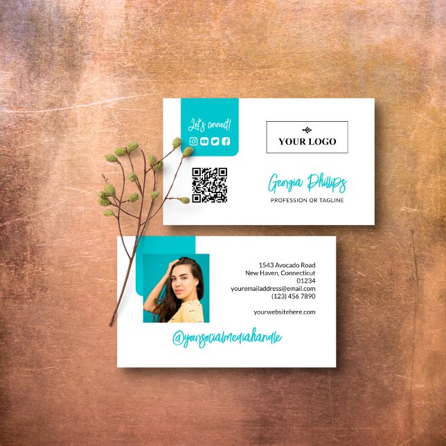 Carte De Visite Turquoise QR Code Photo Logo Médias sociaux (Créateur téléchargé)