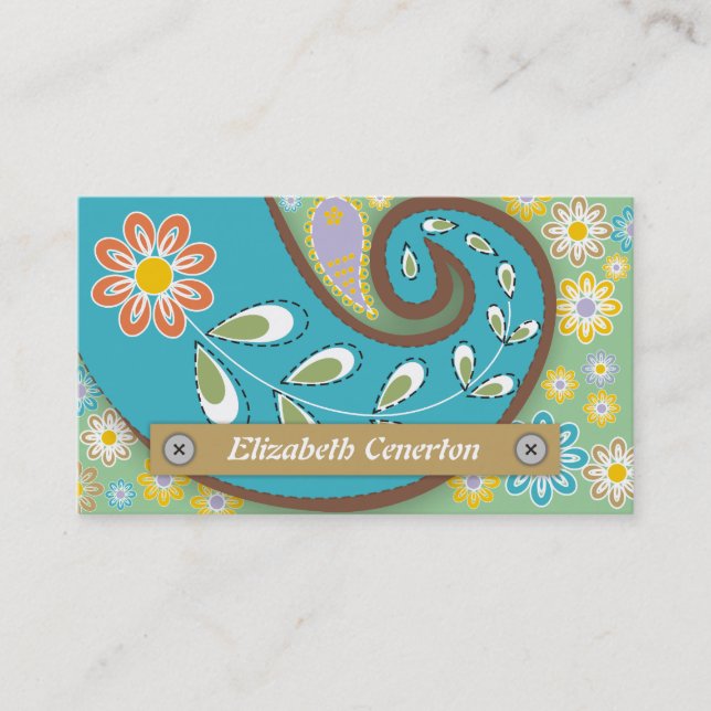 Carte De Visite Turquoise rétro, motif paisley vert floral (Devant)