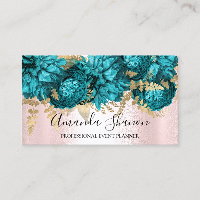 Carte De Visite Turquoise rose Fleurs Rose Gold Logo Planificateur (Devant)