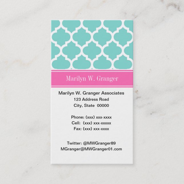 Carte De Visite Turquoise Wht Moroccan #5 Hot Pink2 Nom Monogram (Devant)