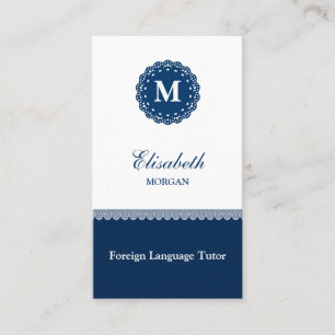 Carte De Visite Tutor de langue étrangère Elegant Blue Lace Monogr