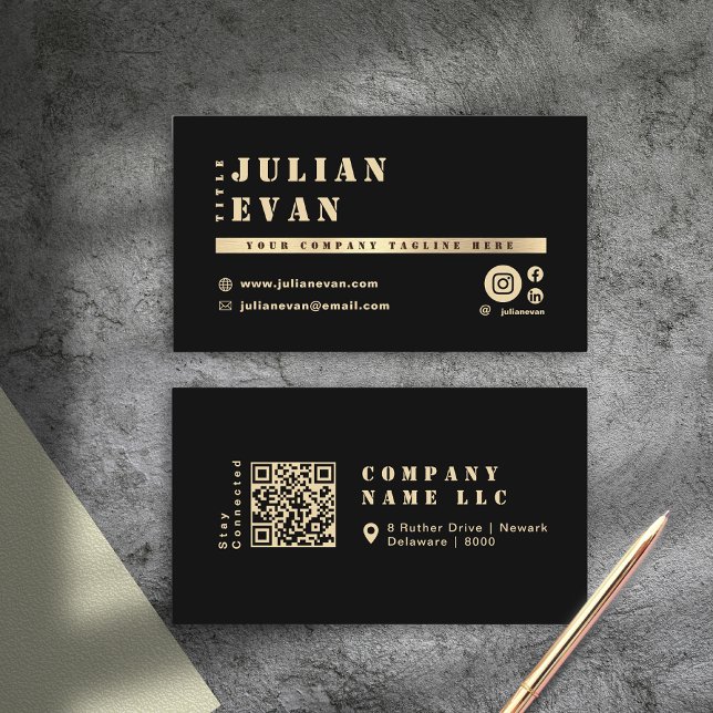 Carte De Visite Typographie audacieuse du crayon brillant noir et  (Elegant Navy blue & Gold Shiny Bold Typography Business Card)