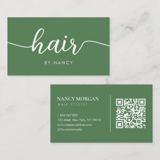 Carte De Visite Typographie de coiffeur Code QR Vert mousse