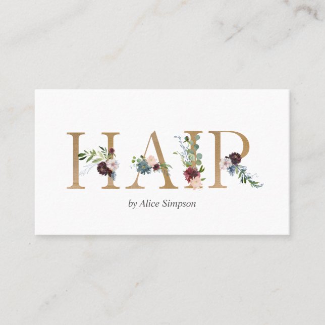 Carte De Visite Typographie florale d'aquarelle de coiffeur (Devant)