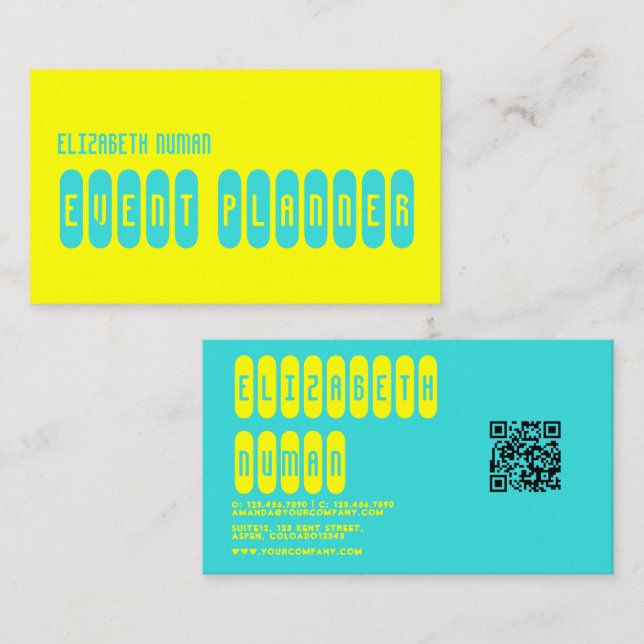Carte De Visite Typographie jaune citron et turquoise Code QR (Devant / Derrière)