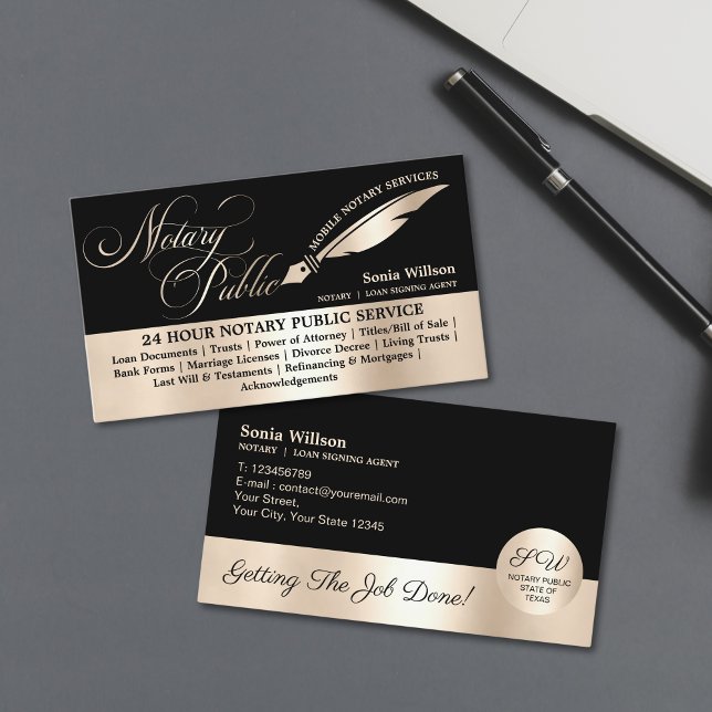 Carte De Visite Typographie Mobile Notaire & Loan Signature Agent  (notary public typography with feather pen, gold foil)