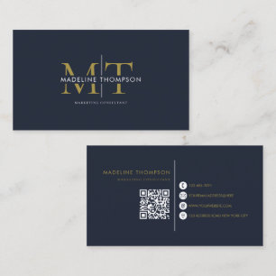 Carte De Visite Typographie moderne Monogram Marine Blue Gold QR c