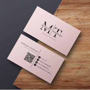Carte De Visite Typographie moderne Monogramme noir rose QR code