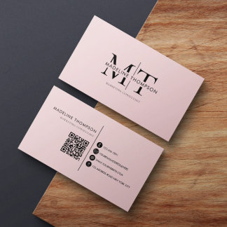 Carte De Visite Typographie moderne Monogramme noir rose QR code