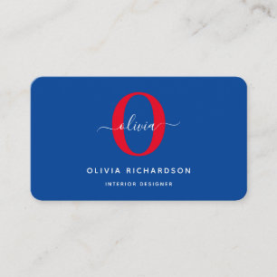 Carte De Visite Typographie Monogramme Nom du script Bleu Blanc Ro