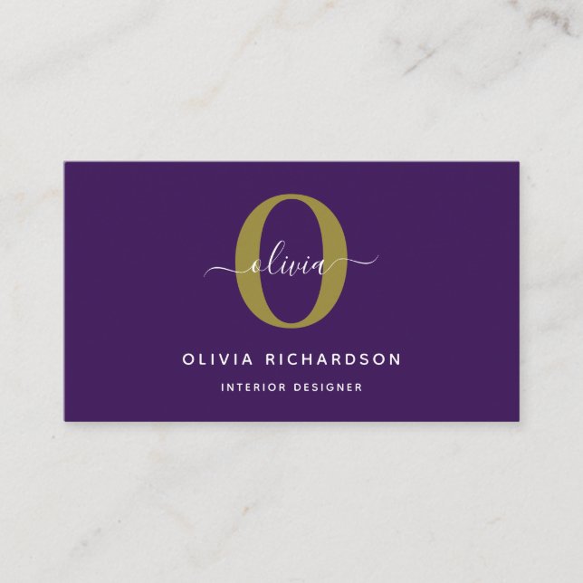 Carte De Visite Typographie Monogramme Nom du script Purple White  (Devant)