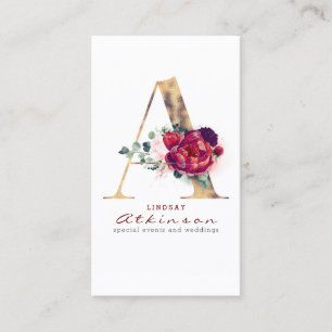 Carte De Visite Un Monogramme Bourgogne Fleurs rouges et Faux Gold