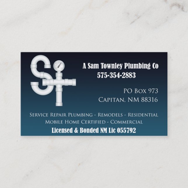 Carte De Visite Un Sam Townley Plumbing Company (Devant)