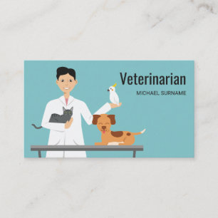 Carte De Visite Un Vétérinaire En Bleu Avec Des Animaux Illustrati