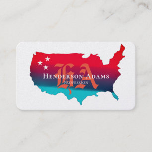 Carte De Visite USA Map Blue Red Ribbons Stars Monogramme