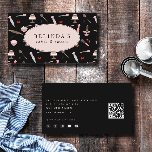 Carte De Visite Ustensiles de boulangerie et de Cuisine Cuisine QR (Baking & Cooking Utensils Bakery Cooking QR Code Business Card)