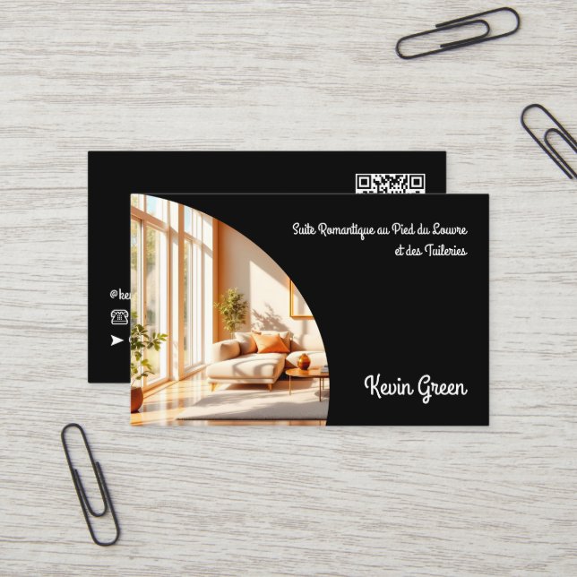 Carte De Visite Vacances aériennes QR personnalisées Paris (Devant/Arrière en situation)