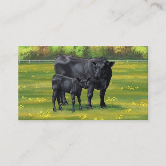 Carte De Visite Vache d'Angus noir et veau mou en pâturage d'été (Devant)