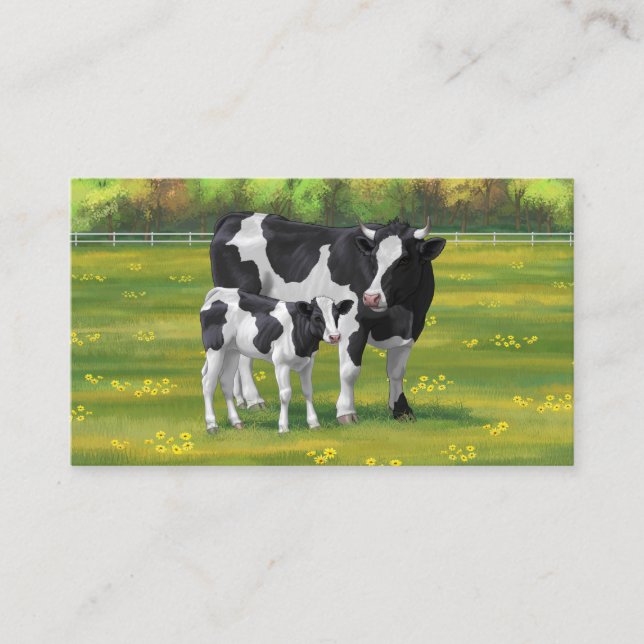 Carte De Visite Vache Holstein et veau mignon en pâturage d'été (Devant)