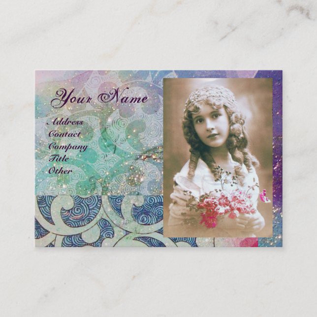 Carte De Visite VAGUES MONOGRAM MODÈLE PHOTO, vibrante, bleu rose (Devant)