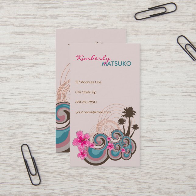 Carte De Visite Vagues tropicales Hibiscus roses chauds Plage Palm (Devant/Arrière en situation)