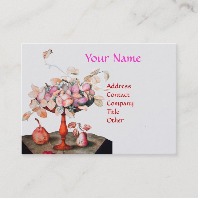 Carte De Visite VASE FRUITS DE SAISON, FLEURS, FEUILLE Rose Blanc (Devant)