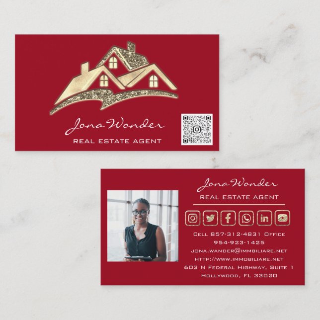 Carte De Visite Vendre Maison Social Media Logo Gold Photo Red QRC (Devant / Derrière)