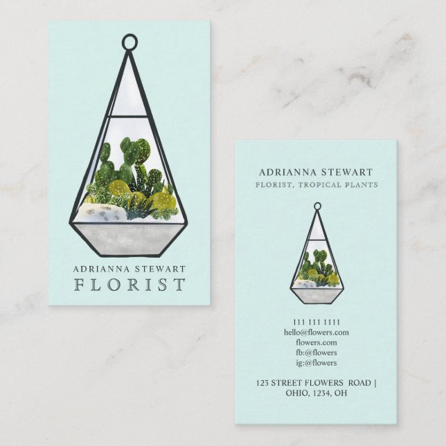 Carte De Visite Vert aquarelle cactus terrarium fleuriste bleu (Devant / Derrière)